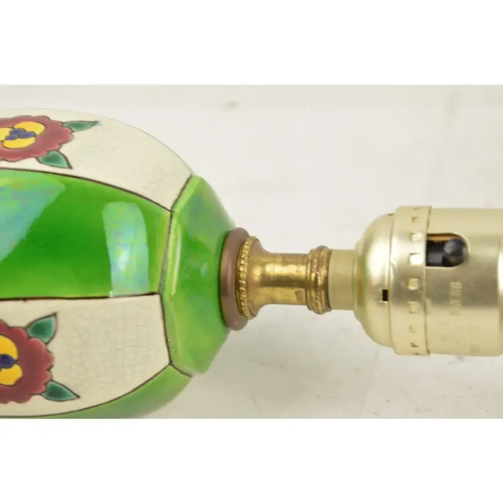 Vintage Boch Freres Belgium Crackle Glaze Green Enamel Table Lamps Pair